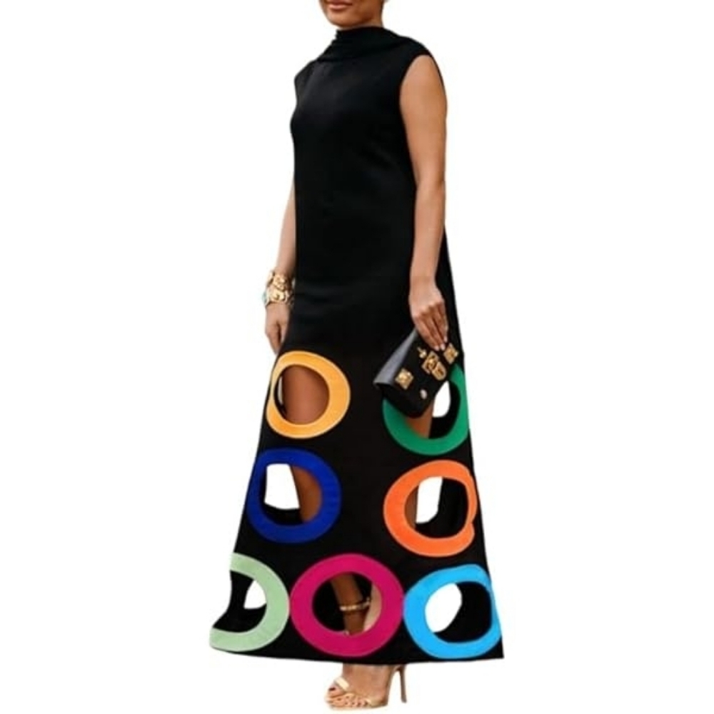 Colorful Circle Pattern Black Maxi Dress